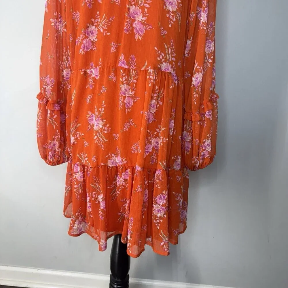 Vince Camuto Mini Short Floral Tiered Ruffle Shift Dress Orange NWT Sz M - Picture 10 of 10